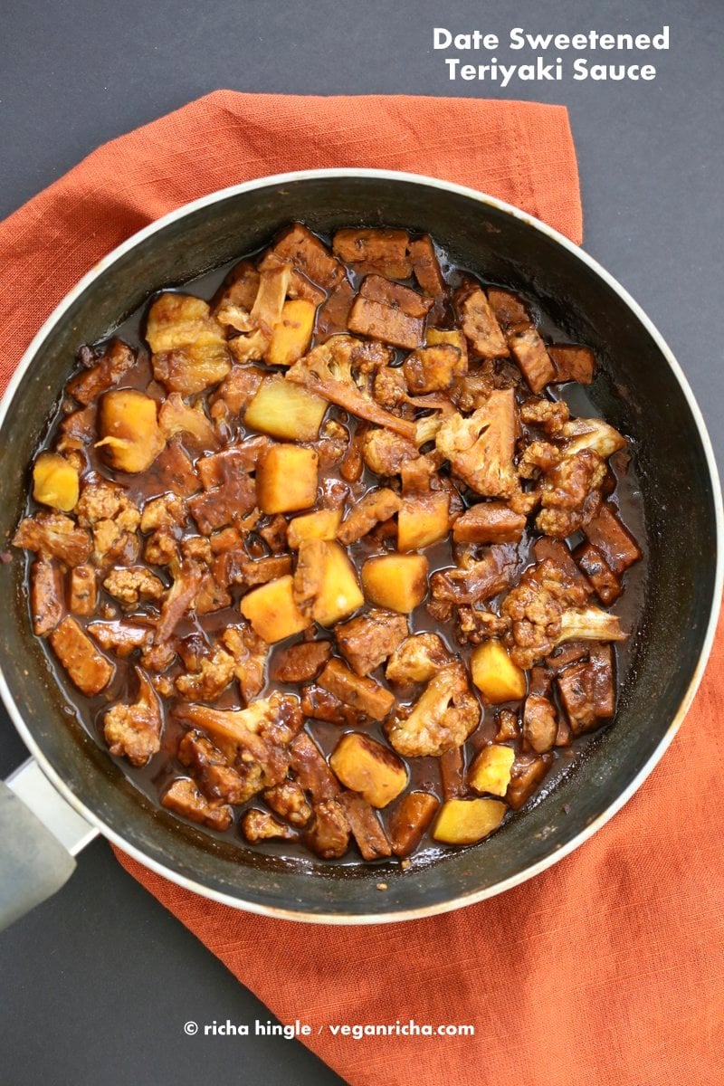 Tempeh Cauliflower Butternut in Teriyaki Sauce. This teriyaki sauce is date sweetened and works amazingly with butternut squash and vegetables. Vegan Gluten-free Recipe VeganRicha.com