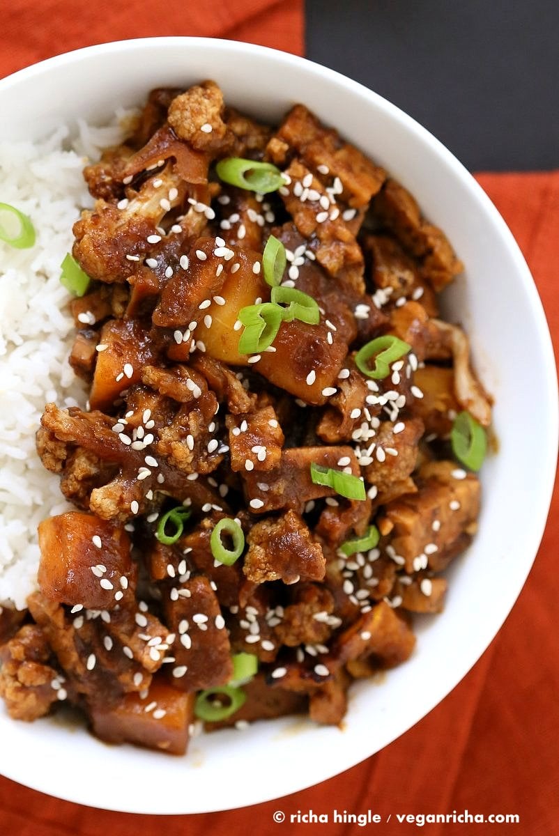 Tempeh Cauliflower Butternut in Teriyaki Sauce. This teriyaki sauce is date sweetened and works amazingly with butternut squash and vegetables. Vegan Gluten-free Recipe VeganRicha.com