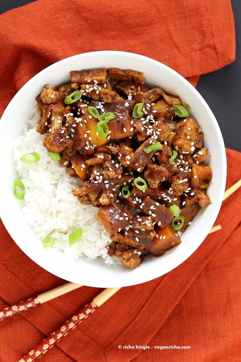 Tempeh Cauliflower Butternut in Teriyaki Sauce. This teriyaki sauce is date sweetened and works amazingly with butternut squash and vegetables. #Vegan #Glutenfree #Recipe VeganRicha.com