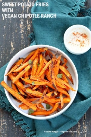 Baked Sweet Potato Fries with Vegan Chipotle Ranch. Easy Crisp Sweet Potato Fries served with dairy free ranch. VeganRicha.com #Vegan #Appetizer #Recipe #Glutenfree #Soyfree #veganricha
