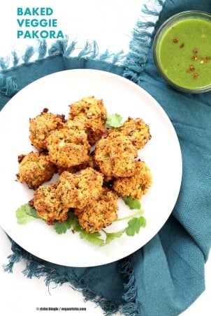 Broccoli, Cauliflower, potatoes, carrots and greens in this Mixed Vegetable Pakora. Baked Veggie Pakore Bhajjiya. Vegan Soyfree Recipe. Easily Glutenfree | VeganRicha.com #glutenfree #veganricha #vegan