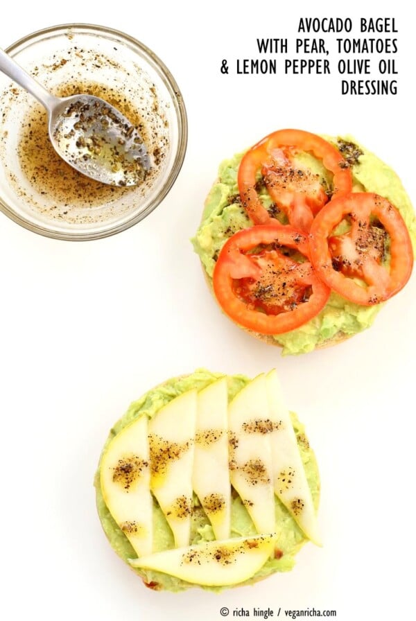 Avocado Bagels with Pears and Tomatoes and Mediterranean Oregano Garlic Olive Oil Dressing Bagel Avocado Toast. Easy Vegan Snack or Breakfast. | VeganRicha.com #glutenfree #veganricha #vegan