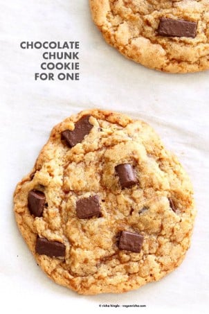 Vegan Chocolate Chunk Cookies for two o for 1. Easy Chocolate chip cookies that make 2 large cookies. Vegan Soyf-ree Palm Oil-free Recipe | VeganRicha.com #glutenfree #veganricha #vegan