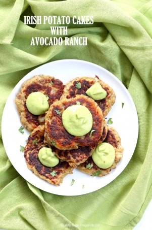 Traditional Irish potato cakes known as boxty, made eggless and vegan. Serve with avocado basil garlic ranch dressing. Vegan Soyfree Recipe | VeganRicha.com #glutenfree #veganricha #vegan