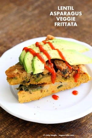 Lentil Veggie Asparagus Frittata. Blended red lentils make the egg in this lentil frittata filled with Spring vegetables. Easy Vegan Gluten-free Soy-free Recipe | VeganRicha.com #glutenfree #veganricha #vegan