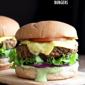 Spiced Lentil Walnut Burgers. Easy Flavorful Burger patties with avocado ranch. Vegan Burger Recipe. Soyfree Easily gluten-free | VeganRicha.com #glutenfree #veganricha #vegan