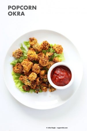 Baked Popcorn Okra. Okra /bhindi tossed in chickpea flour slurry, coated in spiced breadcrumbs and baked until crunchy crisp. Vegan Recipe, can be gluten-free | VeganRicha.com #glutenfree #veganricha #vegan