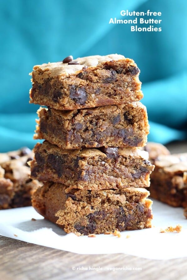Gluten-free Almond Butter Blondies with Chocolate Chunks and Chocolate Chips. Gluten-Free Blondies Vegan Blonde Brownies. Peanut Butter Blondies. Soy-free Recipe | VeganRicha.com. #vegan #glutenfree #veganricha
