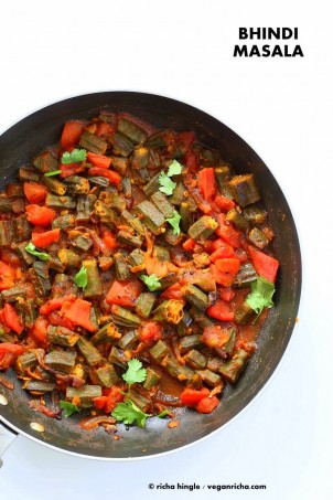 Bhindi Masala Recipe. Indian Okra Curry. Lightly spiced Okra in onion tomato curry. Restaurant style Masala Bhindi. Vegan Gluten-free Soy-free Indian Recipe | VeganRicha.com #vegan #glutenfree #veganricha