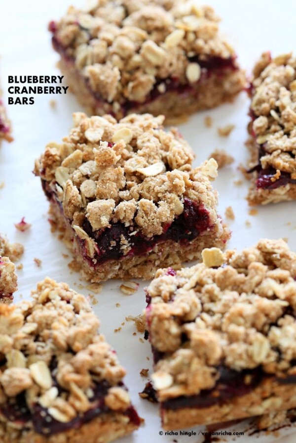 Cranberry Blueberry Crumb Bars. Easy Blueberry Bars. Crumble bars with blueberry cranberry chia layer, shortbread and oat crumb topping. Vegan Recipe. | VeganRicha.com #vegan #glutenfree #veganricha
