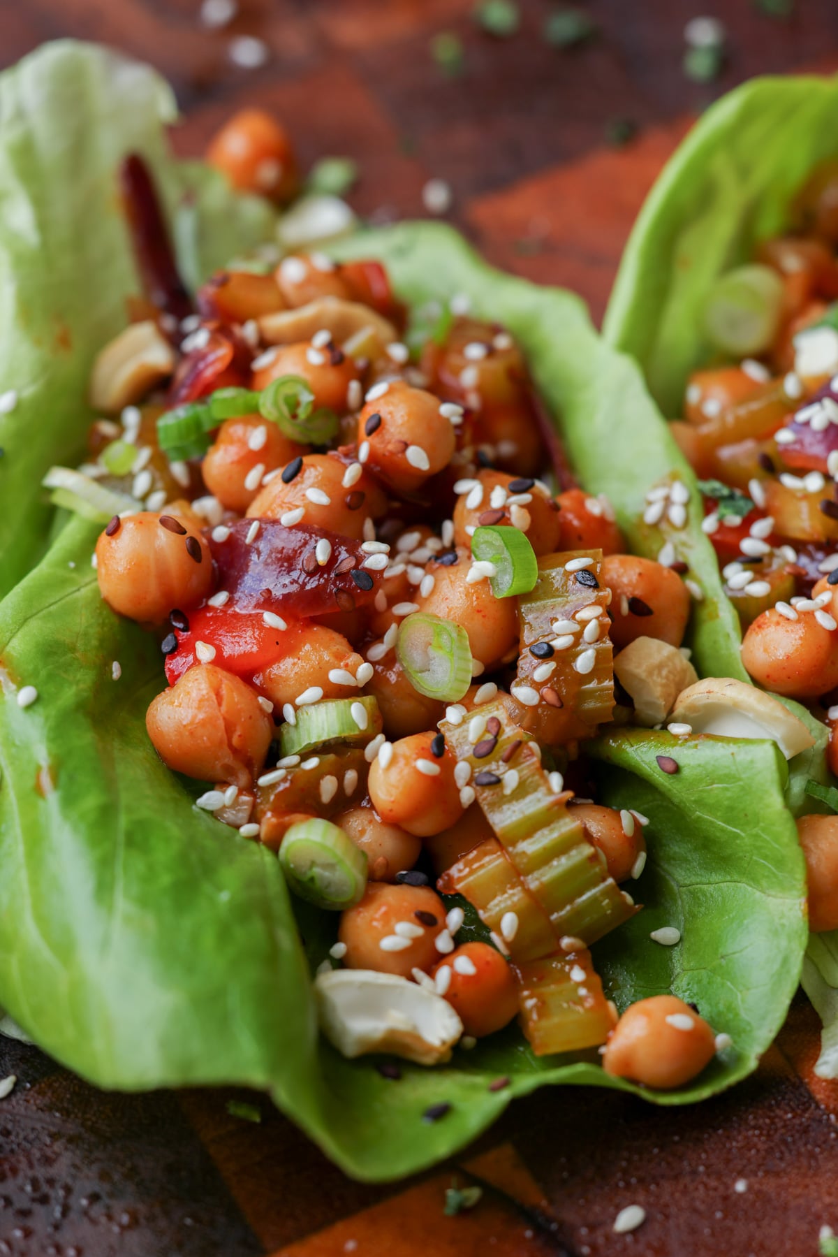 close-up of gochujang chickpeas lettuce wraps on the cutting board