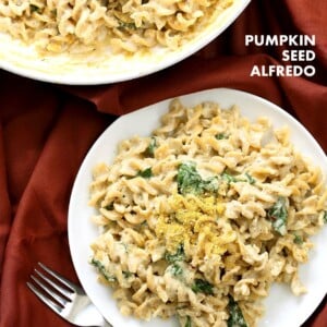 Pumpkin Seed Alfredo Fusilli. Nut-free Vegan Alfredo Recipe. Easy cashew free alfredo sauce with pasta. Vegan Recipe | VeganRicha.com #vegan #glutenfree #veganricha
