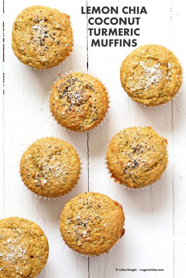 Lemon Coconut Chia Muffins. Zesty Muffins with Lemon, chia seeds, coconut and Turmeric. 1 bowl 20 minute muffins. Vegan Soy-free Nut-free Oil-free Recipe | VeganRicha.com #glutenfree #veganricha #vegan
