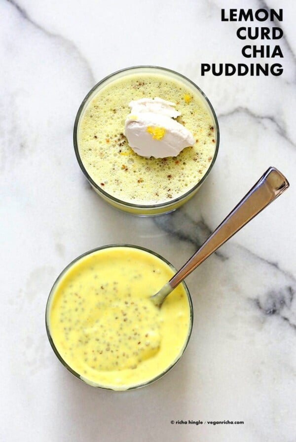 Lemon Curd Chia Pudding. Thick Lemon Coconut Pudding with Chia seeds. This zesty pudding is a refreshing treat for Summer. Serve wih whipped coconut cream. Vegan gluten-free nut-free soy-free Recipe | VeganRicha.com #glutenfree #veganricha #vegan
