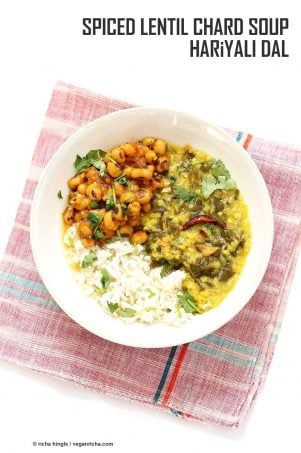 Spiced Lentil Chard Soup - Hariyali Dal. Creamy Red Lentils Cooked with Chard or other greens, tempered with whole spices. Easy weeknight Dahl. Vegan Gluten-free Soy-free Recipe | VeganRicha.com #glutenfree #veganricha #vegan