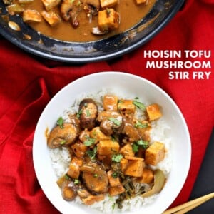 Hoisin Tofu Mushroom Stir Fry with homemade Hoisin Sauce. Easy Weeknight Meal with crisped Tofu, golden mushrooms, broccoli, peppers in from scratch Hoisin sauce. Serve over cooked grains. Vegan Gluten-free Recipe. | VeganRicha.com #glutenfree #veganricha #vegan