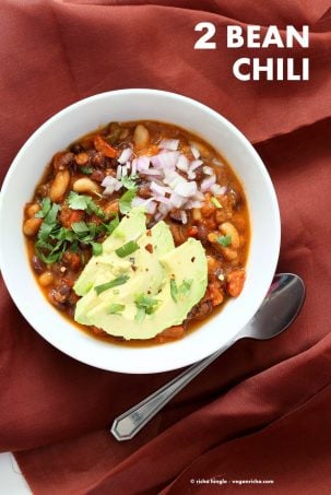 White and Black Bean Chili Recipe. Make this Hot bowl of Chili with Black Beans and White Cannellini or Northern Beans, peppers, veggies for Fall. 1 Pot, ready in 30 minutes. Vegan Gluten-free Soy-free Recipe. | VeganRicha.com #vegan #glutenfree #veganricha