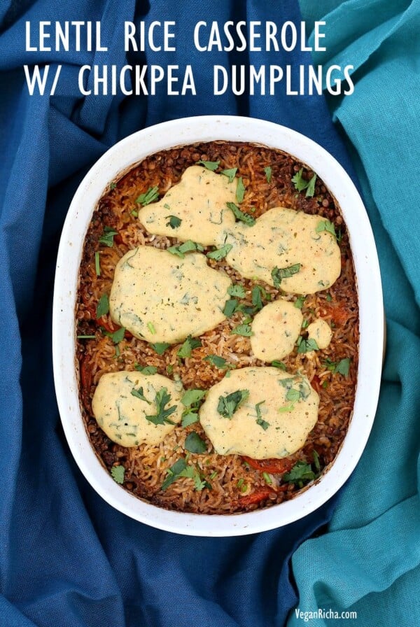 Lentil Rice Casserole with Indian spices baked with chickpea flour dumplings. Use veggies and lentils of choice. Vegan Gluten-free Soy-free Recipe. | VeganRicha.com #glutenfree #veganricha #vegan