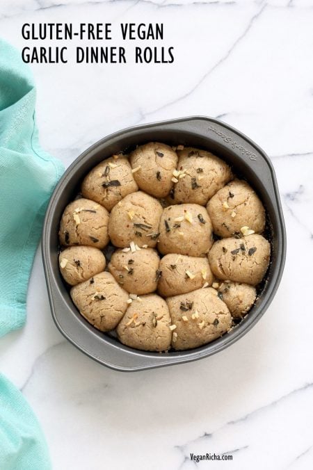 Vegan Gluten free Dinner Rolls with Garlic and Basil. Soft Puffy Gluten-free Dinner Rolls with fresh basil and garlic. Vegan Gluten-free Soy-free Recipe | VeganRicha.com