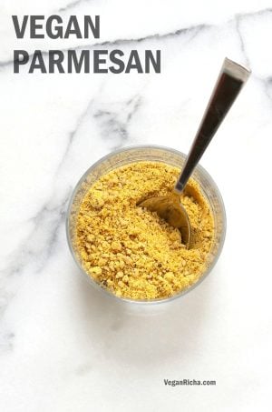 How to make Vegan Parmesan Cheese. Use Cashews, Pecans or Pepitas to make Dairy-free Parmesan cheese. Nut-free Vegan Parmesan Recipe. | VeganRicha.com #vegan #glutenfree #veganricha