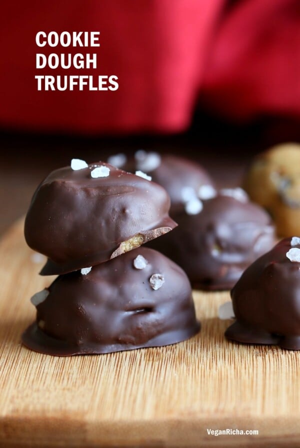 Cookie Dough Truffles. Fudgy Cookie dough coated in melted chocolate and topped with coarse sea salt. Vegan Gluten-free Recipe | VeganRicha.com #glutenfree #veganricha #vegan