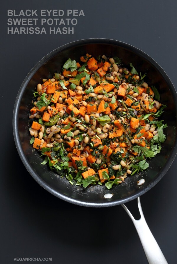 Bring in the new year with this plentiful Black eyed pea and Sweet Potato Hash with Harissa Spice. Ready in 20 minutes. Serve over toast with a creamy dressing or avocado. Vegan Gluten-free Soy-free Recipe