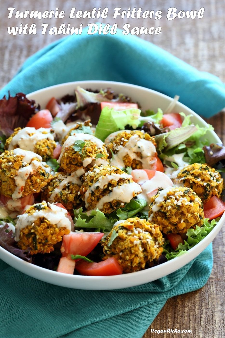 Turmeric Lentil Fritters Tomato Bowl with Tahini Dill Sauce