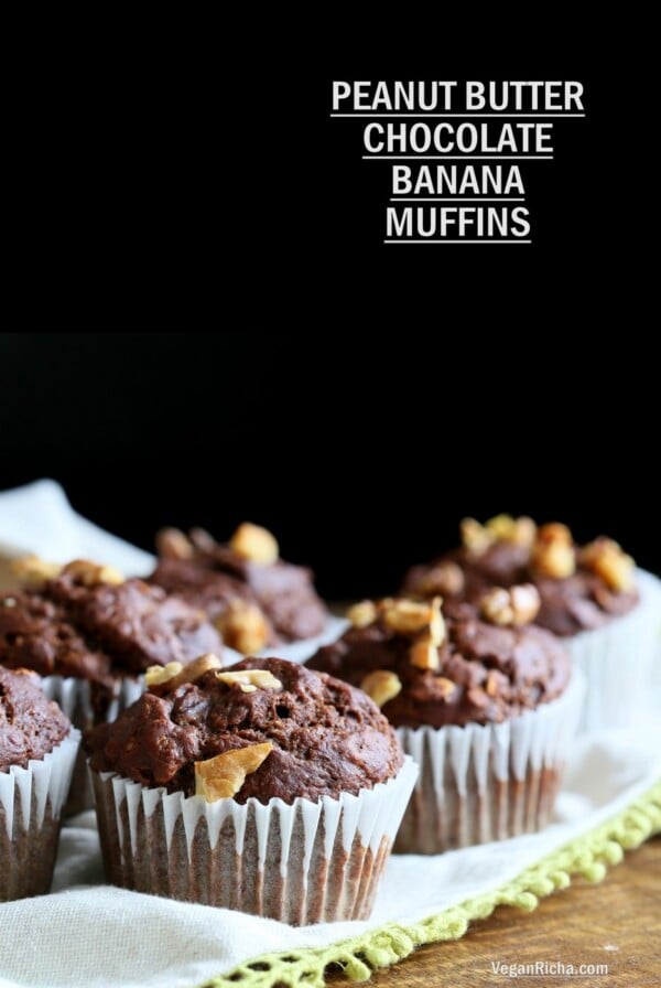Peanut Butter Chocolate Banana Muffins 1 Bowl / Blender. No Added oil in these tall muffins. Easy 1 Bowl Chocolate Banana Muffins. Vegan Soy-free Recipe. Gluten-free option | VeganRicha.com