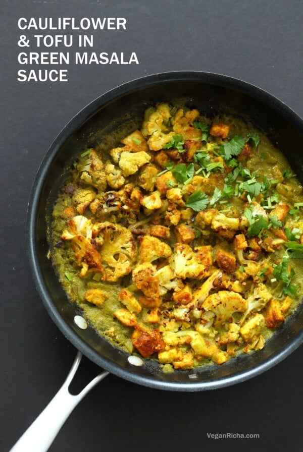 Spiced Cauliflower and Tofu in Green Masala Sauce. Baked Cauliflower and Tofu in green cilantro sauce. The sauce paste can be made ahead and stored. Vegan Gluten-free Nut-free Recipe. Can be soy-free with chickpea tofu or chickpeas or beans or other veggies. | VeganRicha.com