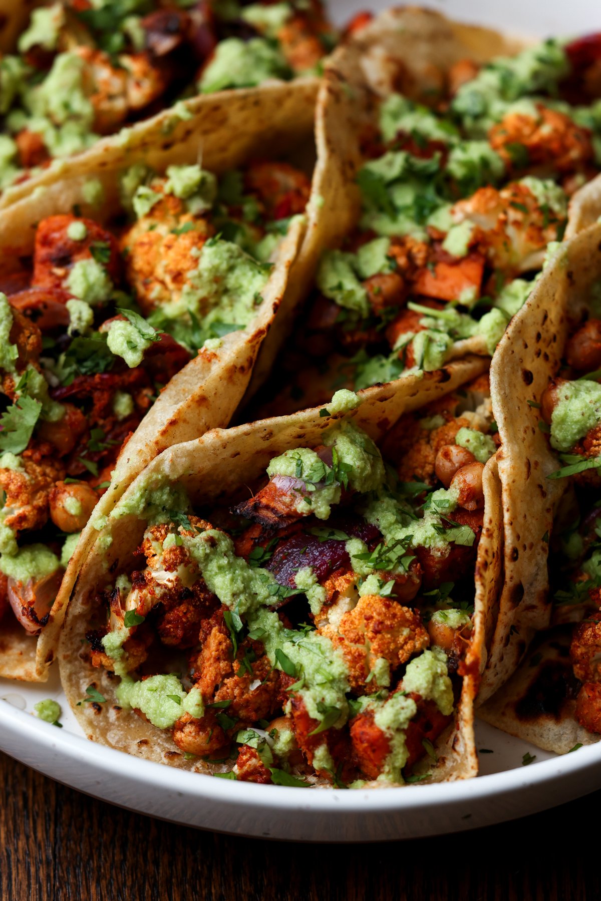 close-up of cauliflower sweet potato tacos