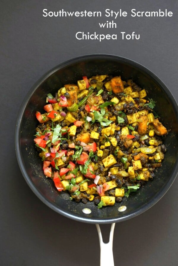 Southwestern Tofu Scramble with Chickpea Tofu. Scrambled Tofu without Soy tofu! Soy-free Breakfast Scramble with Black beans, Veggies, Sweet Potatoes, Spices, Chickpea flour Tofu. Double Protein Savory Vegan Breakfast. Gluten-free Soy-free Nut-free  | VeganRicha.com