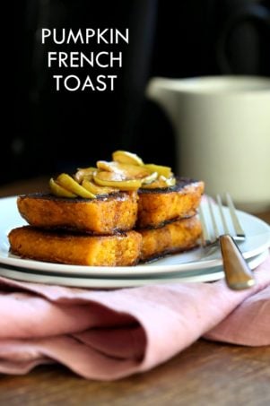 Vegan Pumpkin French Toast with Pumpkin Cornbread, pumpkin pie spices and Caramelized Apples! Breakfast for fall. Vegan Soy-free Recipe. Can be gluten-free with gluten-free cornbread #vegan #breakfast #recipe #veganricha