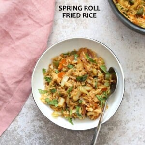 1 Pot, 30 Minute Veggie Spring Rolls Fried Rice! Fridge clean up fried rice with cabbage, carrots, bell pepper,  with rice or other cooked grains for a quick weeknight meal. Vegan Gluten-free Nut-free Recipe | VeganRicha.com