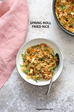 1 Pot, 30 Minute Veggie Spring Rolls Fried Rice! Fridge clean up fried rice with cabbage, carrots, bell pepper, with rice or other cooked grains for a quick weeknight meal. Vegan Gluten-free Nut-free Recipe | VeganRicha.com