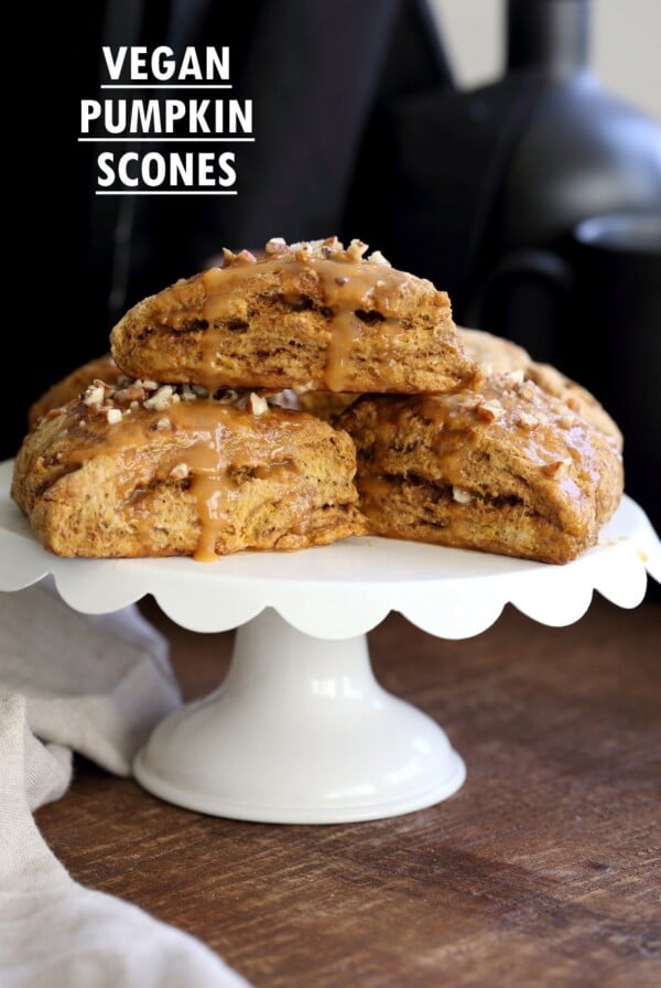 Vegan Pumpkin Scones with Spiced Pumpkin Caramel Glaze Oil-free. These Easy Scones use coconut cream instead of oil and make for a great breakfast with the pumpkin glaze. #Vegan #Recipe #veganricha | VeganRicha.com