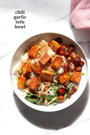 Baked Chili Garlic Tofu, Carrot, Chard and Noodle Bowls. Easy Weeknight Meal. Add some toasted cashews and other veggies of choice. #Glutenfree Nut-free #Vegan #Recipe #veganricha | VeganRicha.com