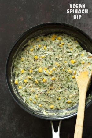 Vegan Spinach Dip Breadsticks. Creamy Corn and Spinach dip spread over pizza crust or puff pastry, bake, slice and serve. Easy Vegan Recipe. Can be gluten-free if served as a dip #vegan #veganricha #recipe #spinachdip | VeganRicha.com