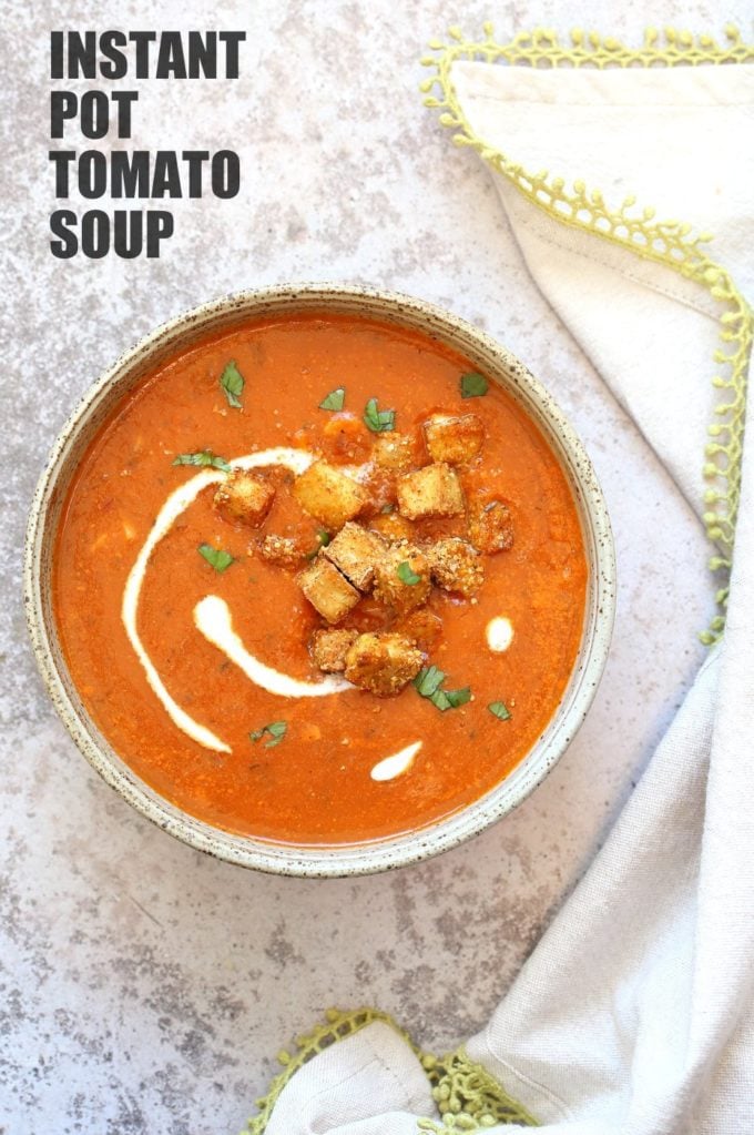 Instant Pot Tomato Soup with Cornmeal Crusted Tofu Croutons. Easy 1 Pot Tomato Soup with Crispy Croutons. Use other croutons and spices of choice. #Vegan #Glutenfree #Recipe. can be #nutfree. | VeganRicha.com