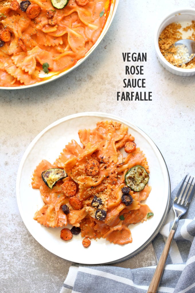 Vegan Rose Sauce Farfalle Pasta with Roasted Veggies. Easy Vegan Rose Sauce, serve with farfalle or other pasta, roasted veggies and vegan parm. #Vegan #veganricha #Soyfree #Recipe. Can be #glutenfree | VeganRicha.com