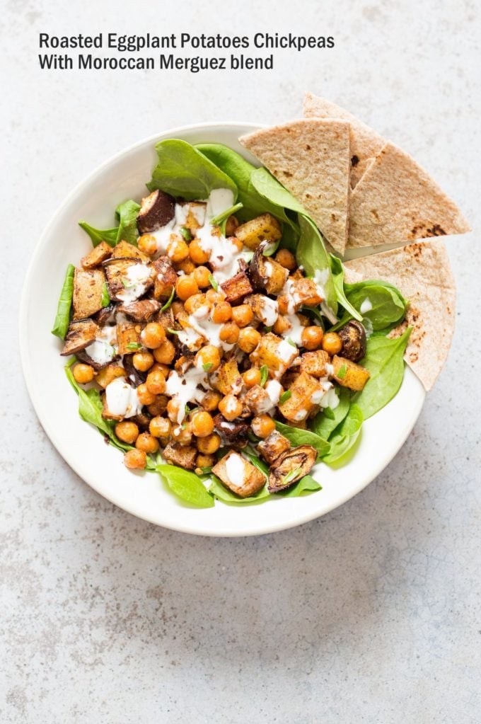 Roasted Eggplant Potatoes Chickpeas with Moroccan Merguez seasoning. Veggies tossed in Merguez blend, roasted then served with tahini dressing. #Vegan #Glutenfree #soyfree #Recipe #veganricha | VeganRicha.com