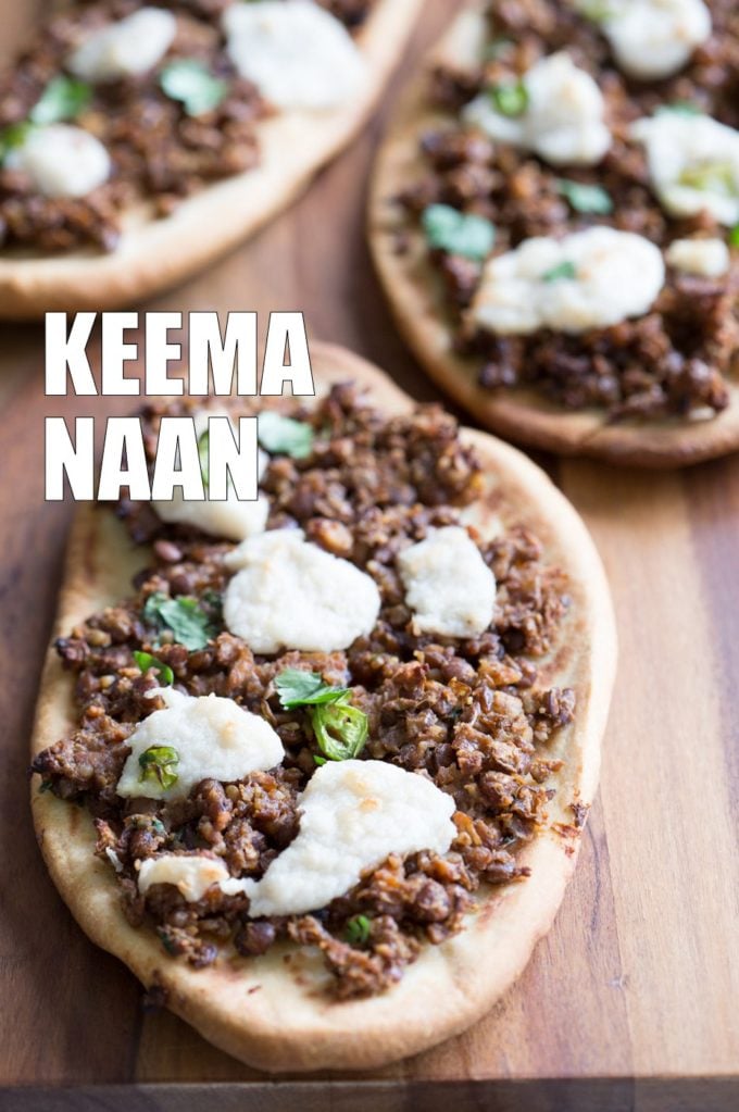 Vegan Keema Naan with Keema Lentils, onion, carrots and walnuts. These lentils with the herbs and spices make a vegan version of keema. Serve over Naan bread or Pizza or fill tacos or wraps. #Vegan #Recipe #veganricha, Can be gluten-free and soy free. | VeganRicha,com