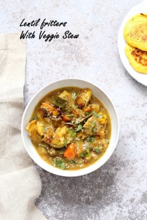 Lentil Fritters in Eggplant, Sweet Potato Coconut Stew - Bengali Inspired Chapor Ghonto. Indian Veggie Stew with Moong Dal patties. #Vegan #Glutenfree #Indian #Recipe #veganricha | VeganRicha.com