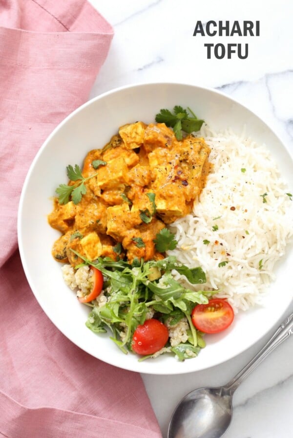 Tofu Achari "Paneer" - Tofu & Veggies in Achari Sauce made with Indian Pickling spices. Add chickpeas or more vegetables to make soy-free. #Vegan #Glutenfree #Recipe #Nutfree option #veganricha | VeganRicha.com