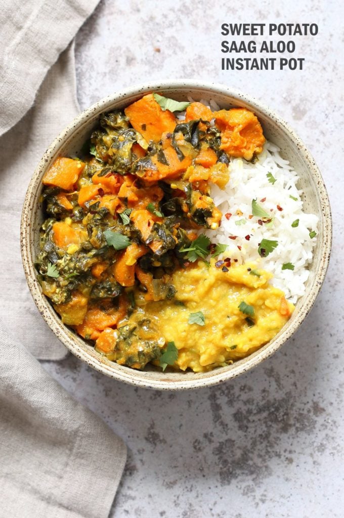 Instant Pot Saag Aloo with Chard and Sweet Potatoes. Sweet Potato Chard/Spinach curry. Serve this easy side with dals or curries or add to a bowl. #Vegan #veganricha #soyfree #Glutenfree #Recipe easily #nutfree | VeganRicha.com