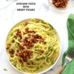 Avocado Pasta with Smoky Pecans. This 20 Minute Creamy Avocado Basil Sauce is great over spaghetti or zoodles. Serve with smoky spicy pecans for amazing flavor.  #Vegan #Soyfree #Recipe. Can be #nutfree. #veganricha | VeganRicha.com