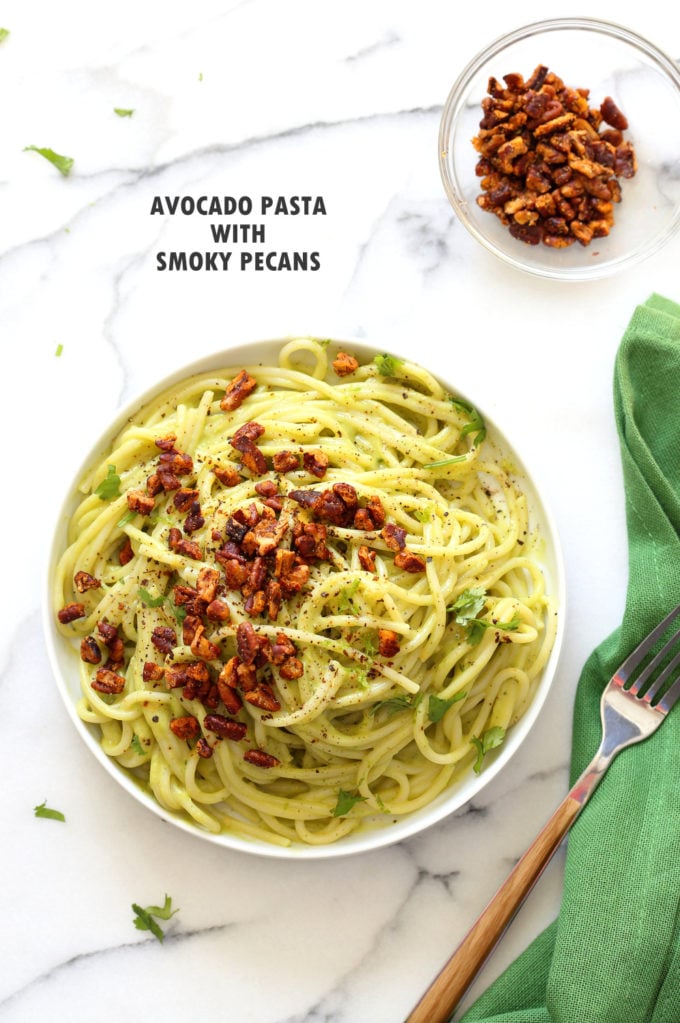 Avocado Pasta with Smoky Pecans. This 20 Minute Creamy Avocado Basil Sauce is great over spaghetti or zoodles. Serve with smoky spicy pecans for amazing flavor. #Vegan #Soyfree #Recipe. Can be #nutfree. #veganricha | VeganRicha.com