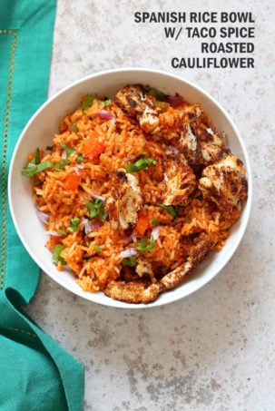 Easy Vegan Spanish Rice Bowl with Taco Roasted Cauliflower. Everyday Meal with everyday ingredients. #veganricha #Vegan #Glutenfree #Nutfree #Soyfree #Recipe | VeganRicha.com