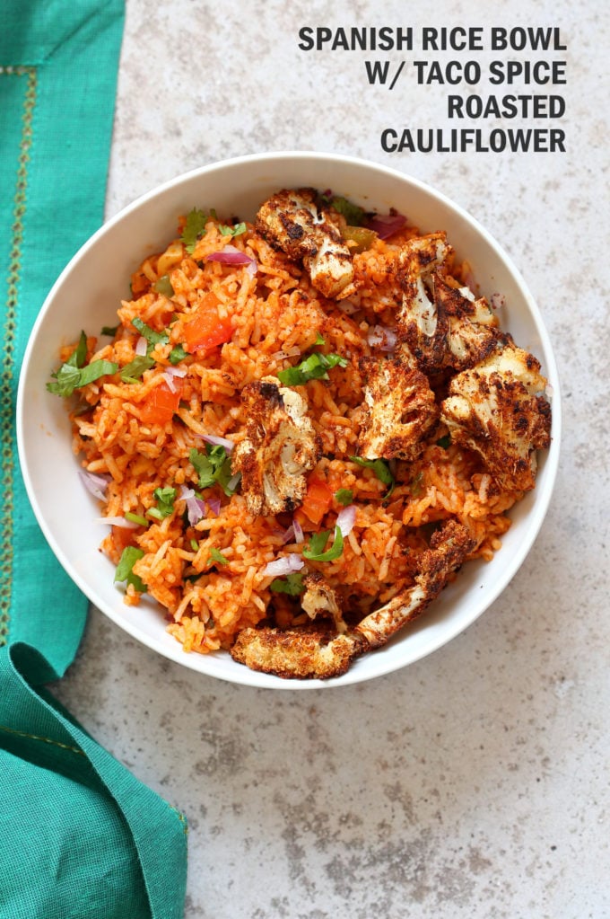 Easy Vegan Spanish Rice Bowl with Taco Roasted Cauliflower. Everyday Meal with everyday ingredients. #veganricha #Vegan #Glutenfree #Nutfree #Soyfree #Recipe | VeganRicha.com