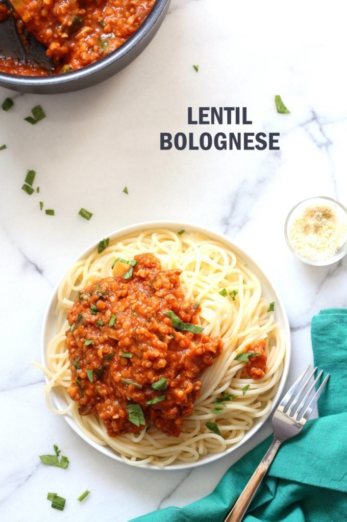 This Lentil Bolognese Sauce is hearty with Red lentils and Mushrooms and great with Spaghetti or other pasta. #Vegan #Soyfree #Nutfree #Recipe #VeganRicha. Can be gluten-free with #glutenfree #pasta | VeganRicha.com
