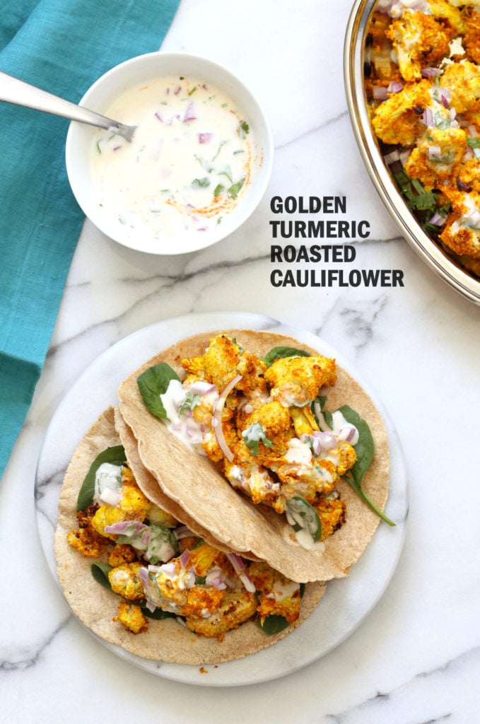 Golden Turmeric Roasted Cauliflower with Raita Dip Vegan Richa